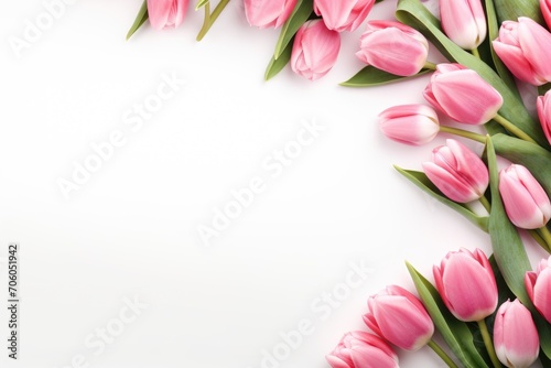 Pink tulips on white background with copy space