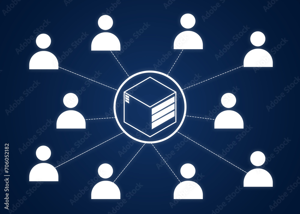 Human icons connected with server on dark blue background, illustration. Multi-user system Human icons connected with server on dark blue background, illustration. Multi-user system