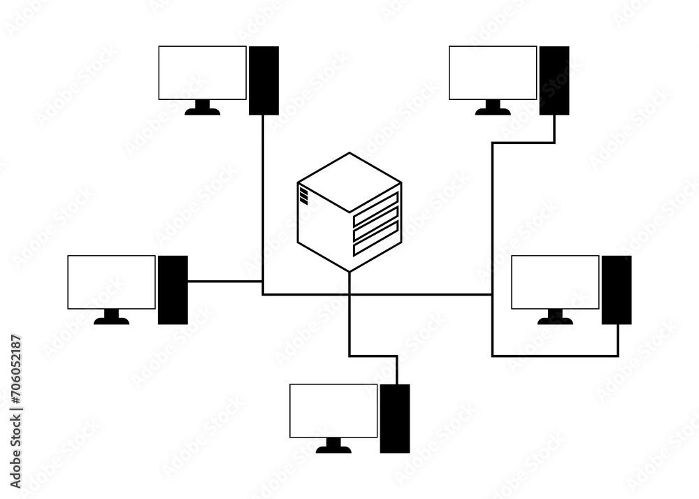 Computers connected with server on white background, illustration. Multi-user system Computers connected with server on white background, illustration. Multi-user system