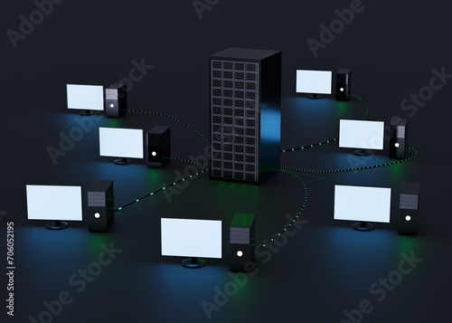 Computers connected with server on dark background, illustration. Multi-user system photo