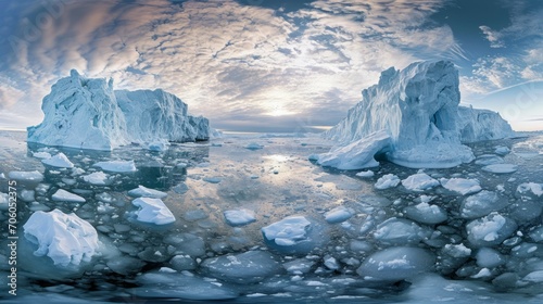 A panoramic view of melting ice caps in polar regions, to showcase the vastness of melting ice, convey the consequences of climate change and the melting of ice caps.