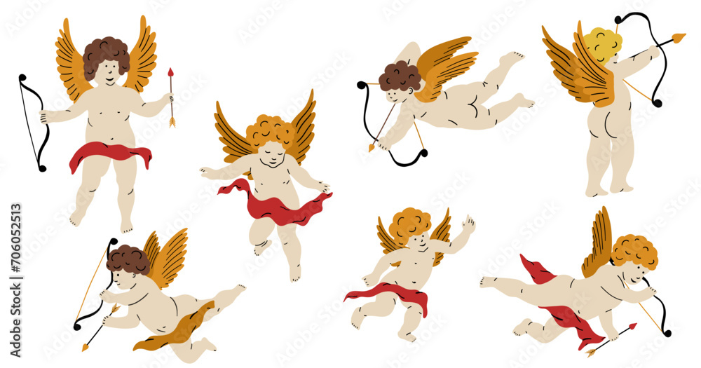 Fototapeta premium Cupid with bow and arrow. Valentine day collection. Hand drawn cartoon cute elements in retro vintage style. Amur Boy or god eros. Love flying angel Valentine’s Day vector illustration.