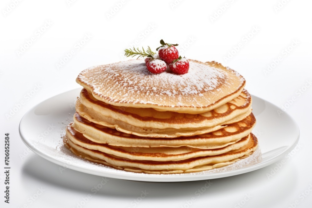 stack of pancakes with syrup on a white plate
