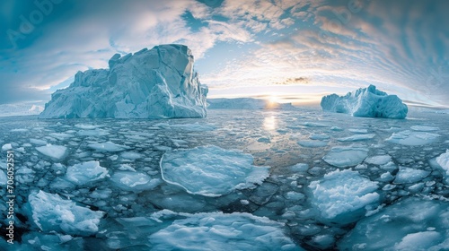 A panoramic view of melting ice caps in polar regions, to showcase the vastness of melting ice, convey the consequences of climate change and the melting of ice caps.
