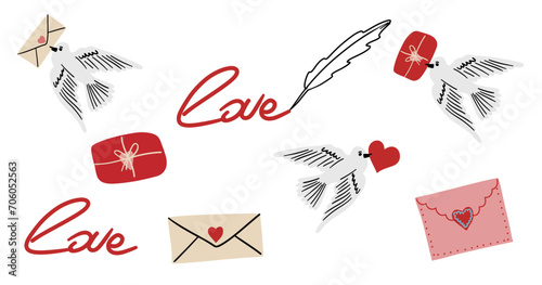 Valentine day collection. Hand drawn cartoon cute elements in retro vintage style. Love bird mail or post. Letter, envelope, package, heart, feather. Valentine’s Day vector illustration.