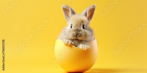 Bunny hatching from Easter egg on yellow background. photo
