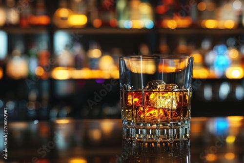 Dark smoked whiskey glass on a black bar counter