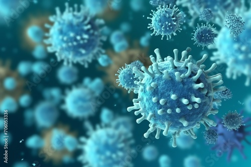 3D render of a medical with virus cells bacteria. Multiple realistic coronavirus particles floating