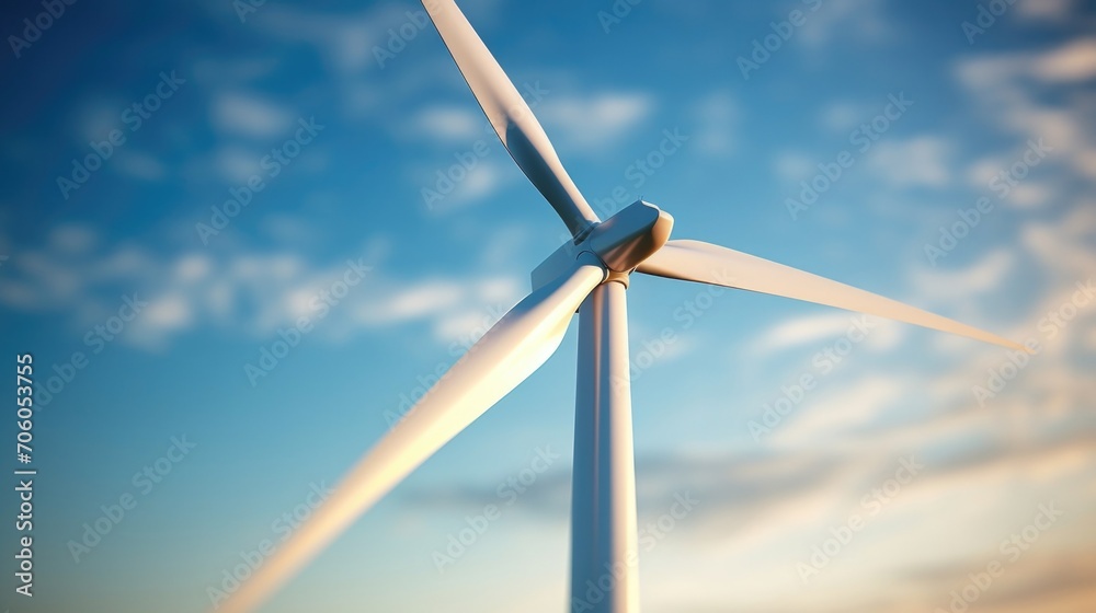 Closeup of the slender, modern design of a wind turbine with sleek blades ting through the air. Closeup of the slender, modern design of a wind turbine with sleek blades ting through the air.
