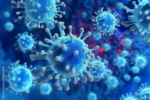 3D render of a medical with virus cells bacteria. Multiple realistic coronavirus particles floating