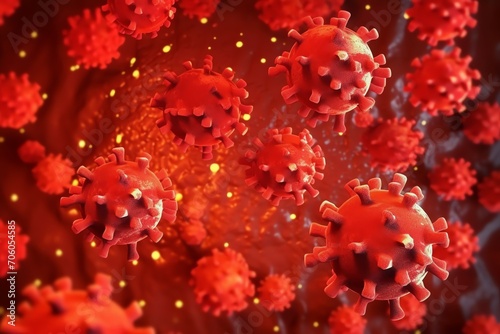 3D render of a medical with virus cells bacteria. Multiple realistic coronavirus particles floating