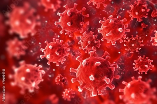 3D render of a medical with virus cells bacteria. Multiple realistic coronavirus particles floating