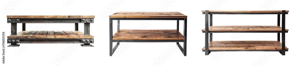 Obraz na płótnie Industrial metal and wooden style coffee tables and shelves over white transparent background w salonie