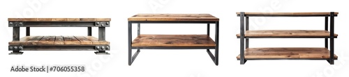 Industrial metal and wooden style coffee tables and shelves over white transparent background