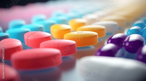 Closeup of an array of different colored pills being sorted by a pharmacist into separate compartments.