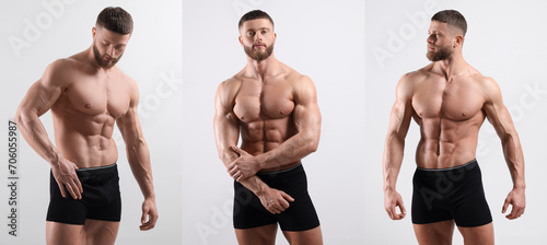 Muscular man in stylish black underwear on white background  collection of photos