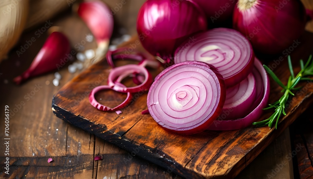 Slices of red onion on wooden cutting board Slices of red onion on wooden cutting board