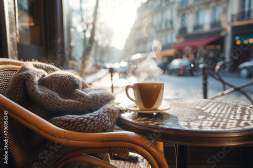 Steaming hot cup of coffee on wooden table of beautiful snow covered typical Parisian cafe in France. Sunny cold day on winter time.