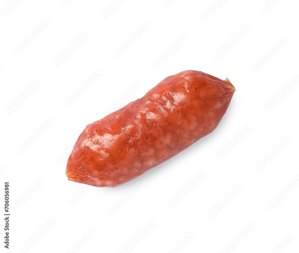 One thin dry smoked sausage isolated on white, top view One thin dry smoked sausage isolated on white, top view