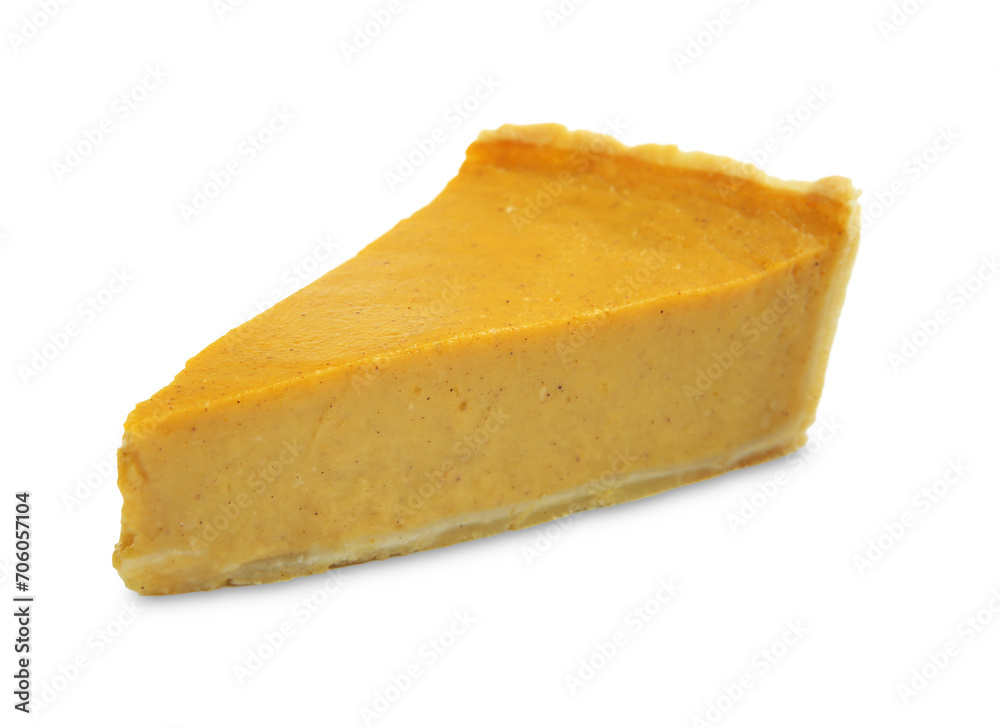 Piece of delicious pumpkin pie isolated on white