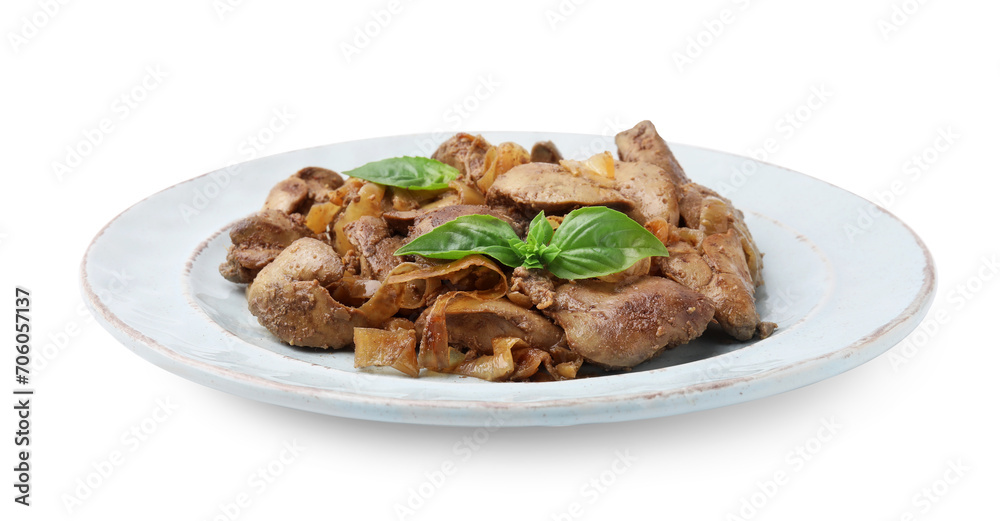 Plate of delicious fried chicken liver with onion and basil isolated on white Plate of delicious fried chicken liver with onion and basil isolated on white
