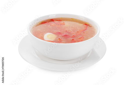 Tasty soup with egg and bell pepper in bowl isolated on white