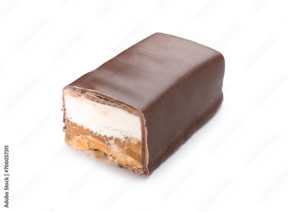 Piece of tasty chocolate bar with nougat and nuts isolated on white Piece of tasty chocolate bar with nougat and nuts isolated on white