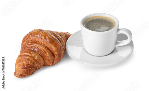 Delicious fresh croissant and cup of coffee isolated on white