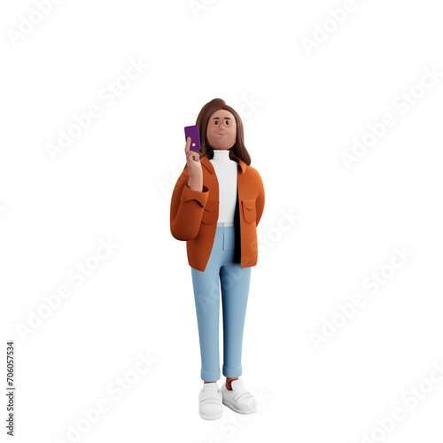 Cheerful young woman smiling at the camera while holding a credit card.3d illustration.	