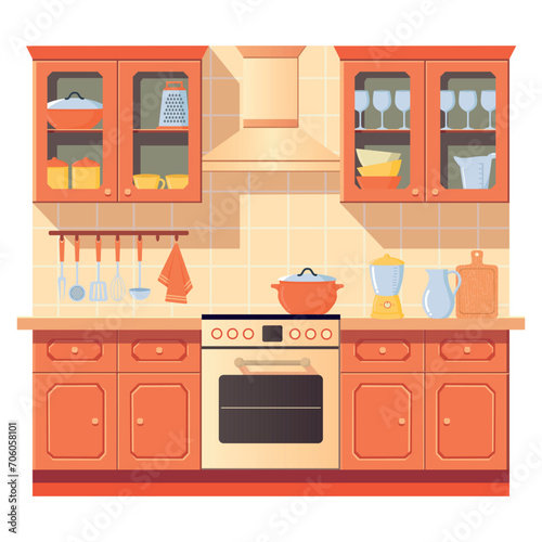 Cute kitchen interior in flat style. All Objects Are Repainted.
