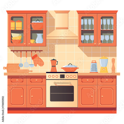Cute kitchen interior in flat style. All Objects Are Repainted.