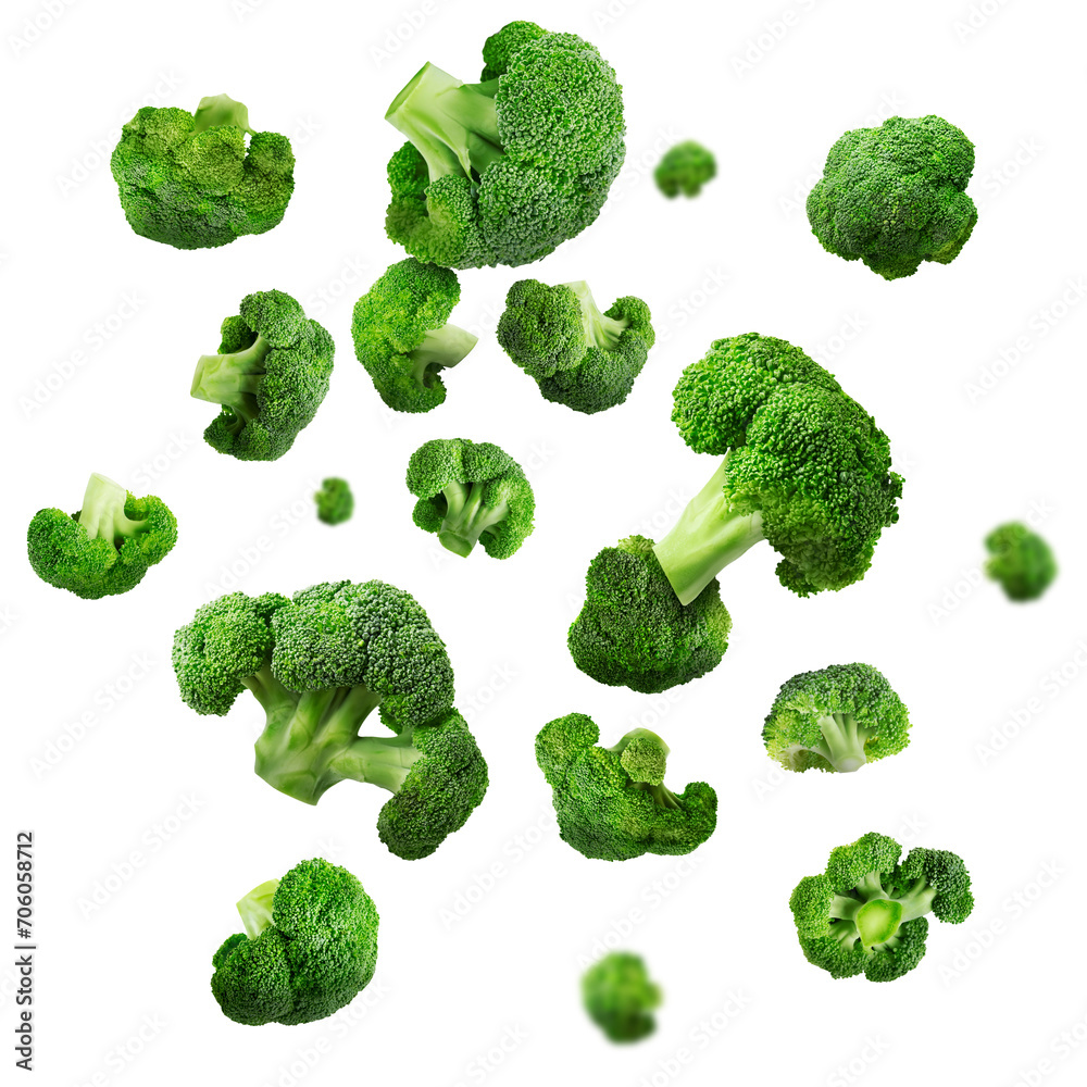Fresh green broccoli falling on white background Fresh green broccoli falling on white background