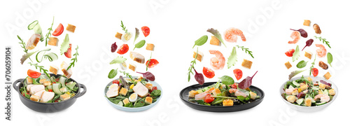 Ingredients falling into dishware with tasty salads on white background, set