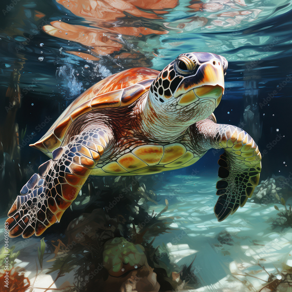 Fototapeta premium Turtle rises to the ocean's mirror
