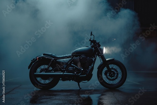 Matte black motorcycle against a dark urban landscape © furyon