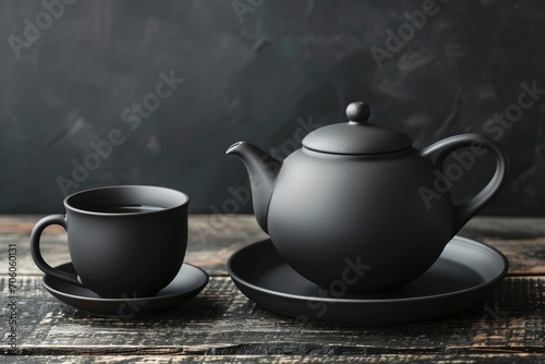 Matte black teapot and cup on a dark wooden table