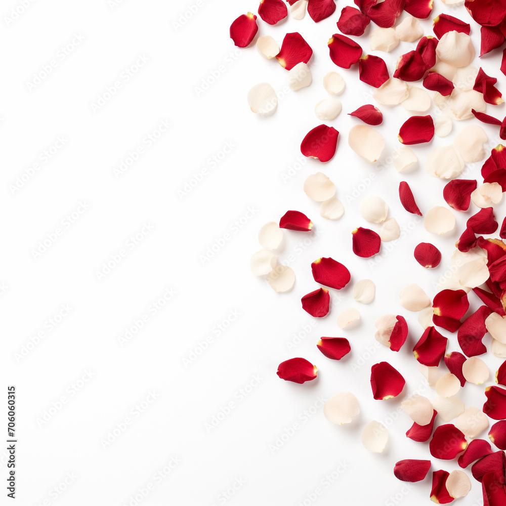 Red and white rose petals scattered on a white background, Valentine's day, wedding, love illlustration