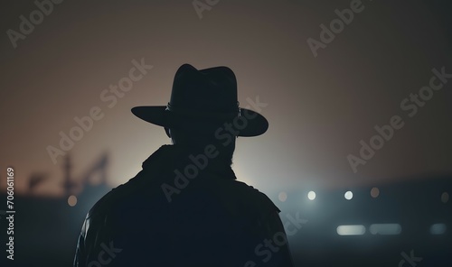  dark mystical silhouette of a man in a hat at night as soft ethereal dreamy background, professional color grading, copy space