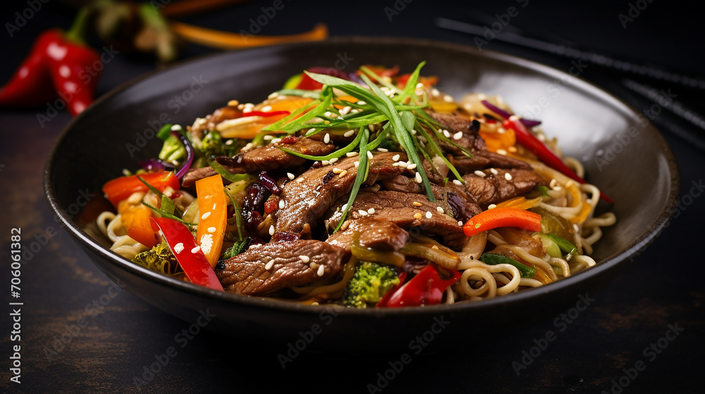 stir fry noodles with vegetables and beef in black background