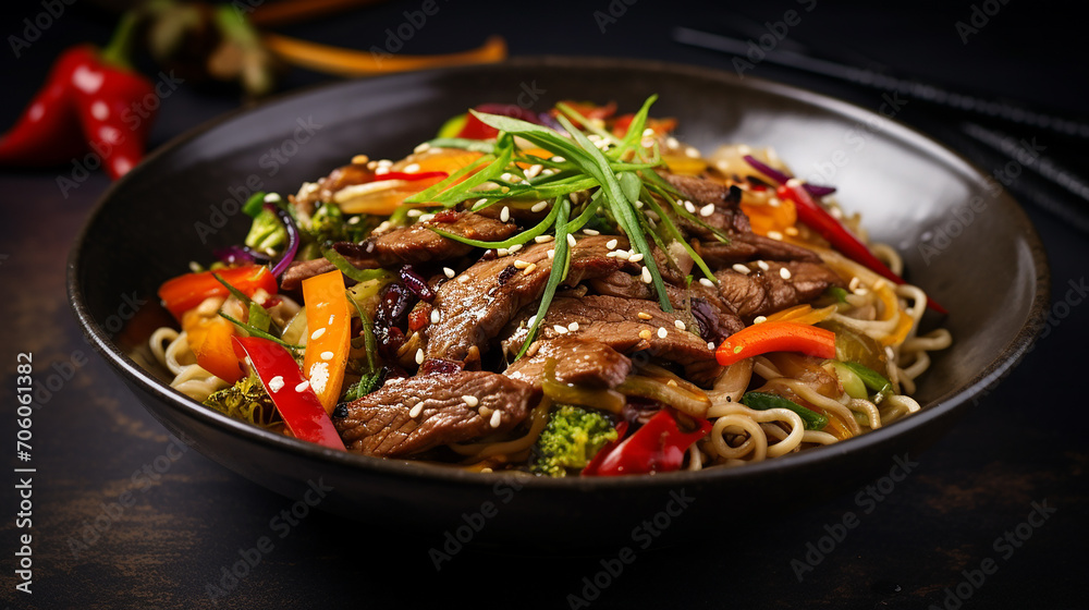 stir fry noodles with vegetables and beef in black background stir fry noodles with vegetables and beef in black background