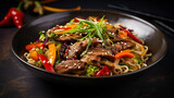 stir fry noodles with vegetables and beef in black background