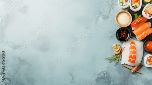 Set of sushi and maki with soy sauce over blue stone background