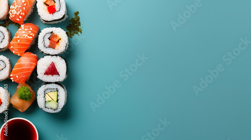 Set of sushi and maki with soy sauce on blue background