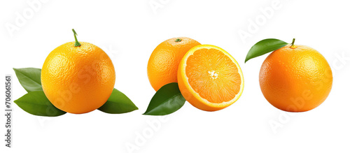 Set of oranges with green leaves isolated on transparent background