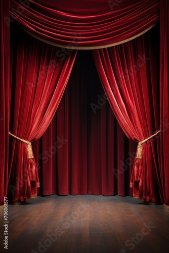 A vacant stage with red velvet curtains  AI generated illustration
