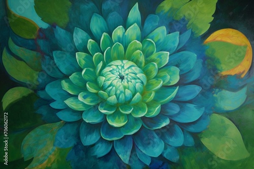 A painting of a big flower with green leaves surrounding the center and a blue center in the middle, with a green center. Generative AI