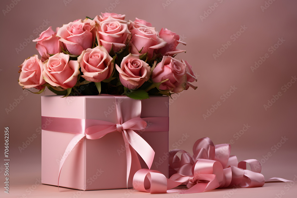 Valentines gift box with ribbon and roses Valentines gift box with ribbon and roses