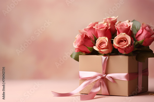 Valentines gift box with ribbon and roses