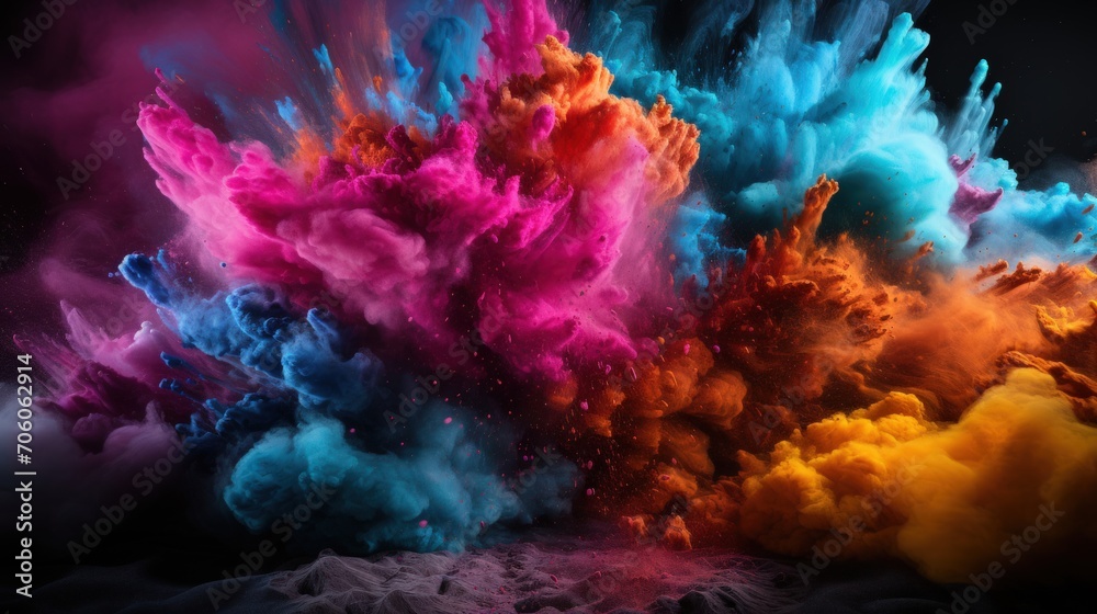 vibrant eruption of colorful powder on a dark background