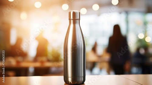 Closeup of a reusable stainless steel water bottle, encouraging people to ditch singleuse plastic bottles. photo